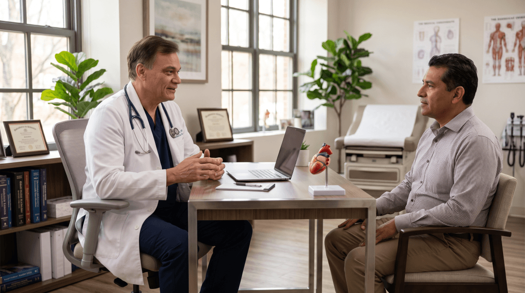 A friendly, professional vascular specialist or vein doctor speaking comfortably with an adult patient in a bright, modern consultation room.